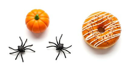 Delicious pumpkin spice donut with spooky spider decorations, perfect for Halloween celebrations on a clean white background