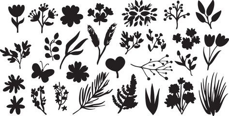 Floral silhouette vector pack: flowers, leaves, and botanical elements eps