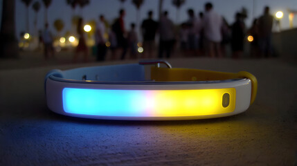 gadget strapped on arm glowing with health tracking data in outdoor environment