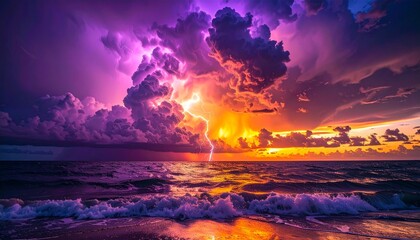 Dramatic sunset over ocean with vibrant storm clouds and lightning