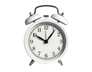 Classic white twin-bell alarm clock; silver-toned accents; round face; black numerals & hands;  shows time shortly before 10 AM