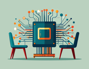 Illustration depicting a meeting centered around a neuromorphic chip, symbolizing collaborative efforts in advanced technological innovation and computing strategies