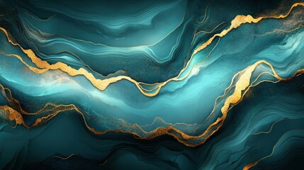 Luxurious abstract fluid art with teal waves and golden accents background