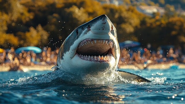 Menacing great white shark with mouth agape, emerging from the ocean depths near a crowded beach