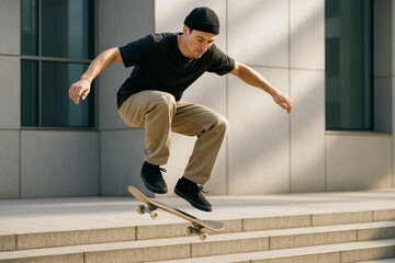 Young man skateboarding performing trick mid-air in urban environment with soft natural light and modern architecture background. Ai generative