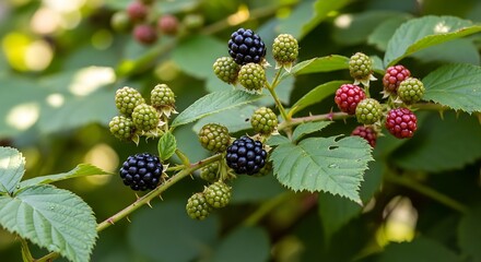 Blackberries growing on a branch with green leaves.