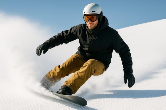 Snowboarder speeding downhill on a sunny winter day wearing protective gear, creating snow spray in bright mountain background during extreme sport action. Ai generative