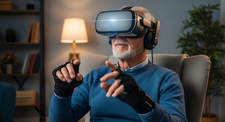 Elderly man enjoying virtual reality gaming and experiencing immersive digital entertainment at home