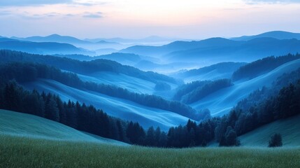 Serene blue mountain landscape at dawn with fog rolling over the hills