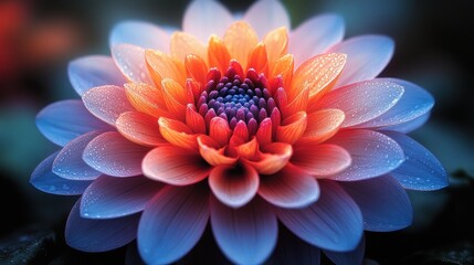 Exquisite close-up of a vibrant dahlia flower with dew drops, showcasing intricate petal details and captivating color gradients