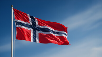 Norway flag waving in the wind against a clear blue sky national symbol of norway