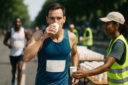 Marathon runner drinking water from paper cup at hydration station with volunteer during outdoor race event in daylight on city street background. Ai generative