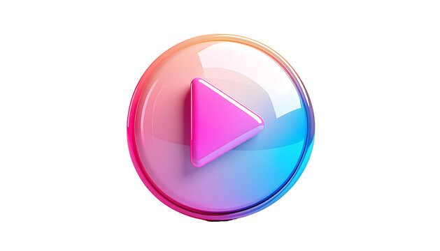 Glossy circular button featuring a vibrant pink play icon against a gradient blue-orange background. 3D, rounded edges, smooth texture - Powered by Adobe