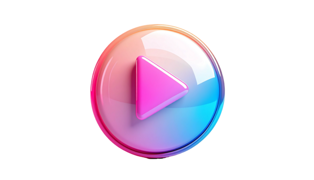 Glossy circular button featuring a vibrant pink play icon against a gradient blue-orange background.  3D, rounded edges, smooth texture