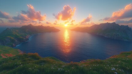 Serene coastal landscape with a vibrant sunset and gentle ocean waves