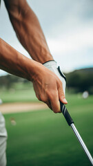 Close‑up of a golfer’s hands showing wrist lag and shaft lean just before iron impact on a golf course.