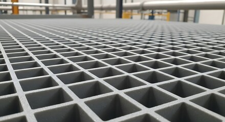 Fototapeta premium Close up of a grey fiberglass grating floor with a repeating square pattern.