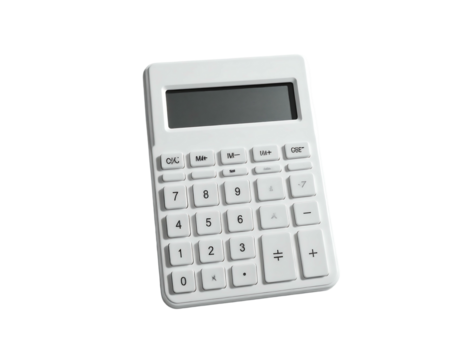 A sleek, white, pocket-sized calculator with a dark gray display, featuring standard number keys, basic arithmetic functions, and additional calculator functions displayed above the number keys