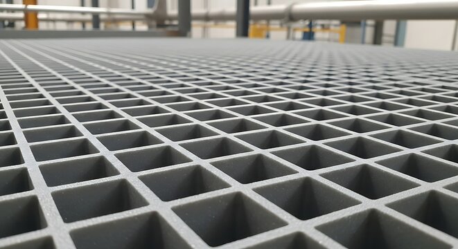 Close up of a grey fiberglass grating floor with a repeating square pattern.