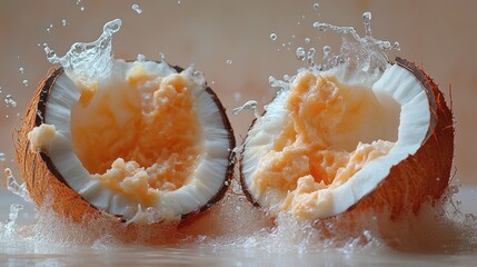 Coconut halves splashing in water, an exotic tropical refreshment