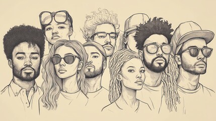Diverse group portrait, sketched illustration of young adults, wearing fashionable accessories, unity and connection representation