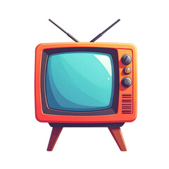 Retro orange television with rabbit ears, simple design, light blue screen, dark brown legs, and vintage-style knobs