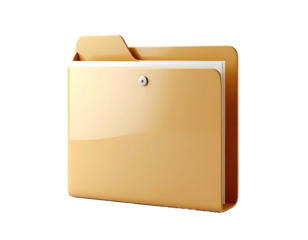 A tan, glossy folder icon, slightly angled, showing a single white sheet of paper inside, fastened with a small, round, white button. It has a realistic, three-dimensional appearance
