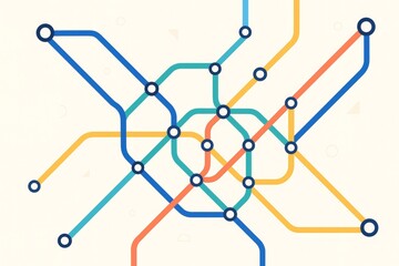 Abstract colorful subway map with intersecting transit lines and circular stations on light background for travel or design template concept. Ai generative
