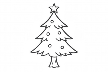 Christmas tree drawing with star and ornaments, celebrating festive winter holidays on transparent background