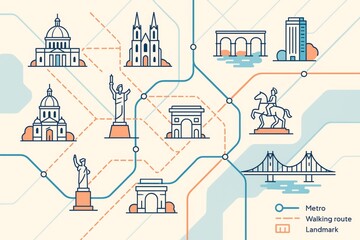 Tourist attractions city map layout with metro and walking routes in light clean style showing famous landmarks and travel connections. Ai generative