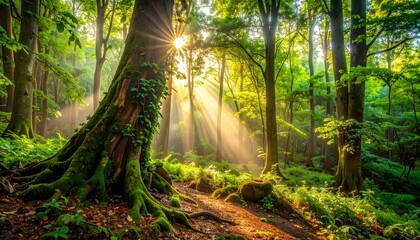 Sunlight streams through a lush forest (8)