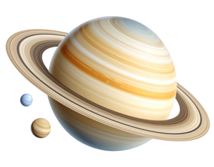A detailed illustration of Saturn, its prominent rings, and two smaller celestial bodies, possibly moons, in orbit.  The planet displays a creamy, banded texture