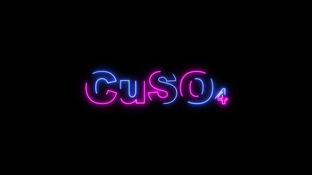 Neon blue and pink Cu S O4 chemical formula glowing on black background CuSO4 copper sulfate