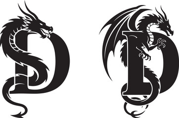 Two stylized black and white designs showcasing mythical dragons intricately combined with the capital letter D