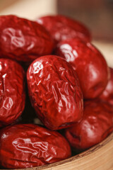 Red Jujube Dates from Hotan Xinjiang China in Wooden Bowl - Traditional Chinese Superfruit