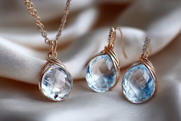 Elegant Gold Necklace and Earrings with Blue Gems on Silk