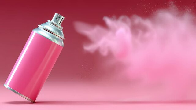 Dynamic sequence of pink spray paint can releasing vibrant mist, showcasing fluid motion and color dispersion against a soft gradient backdrop, illustrating artistic expression and creativity in actio