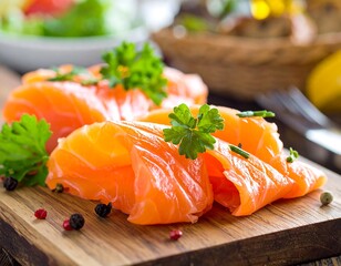 Smoked salmon slices on a wooden board