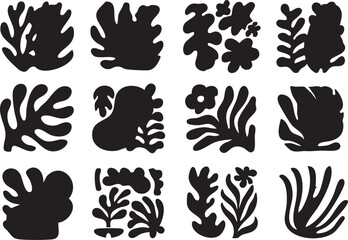 Black and white matisse-inspired cutout vector set: floral, leaf, and abstract shapes eps silhouette