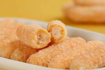 Traditional Chinese Rice Sticks Crackers Beijing Style Golden Crispy Snacks in Bowl