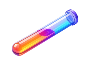 A vibrant, glass test tube filled with a colorful, layered liquid, showcasing a gradient of orange, purple, and blue hues, suggesting a scientific or experimental context