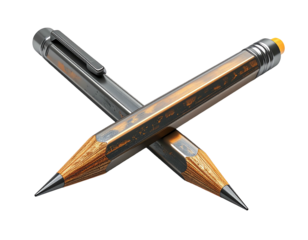 Two crossed writing instruments, one a dark grey metallic pen, the other a dark brown wooden-textured mechanical pencil with an eraser.  Both feature intricate detailing