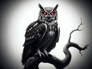 Sinister owl with glowing red eyes perched on a twisted branch against an isolated clear white background