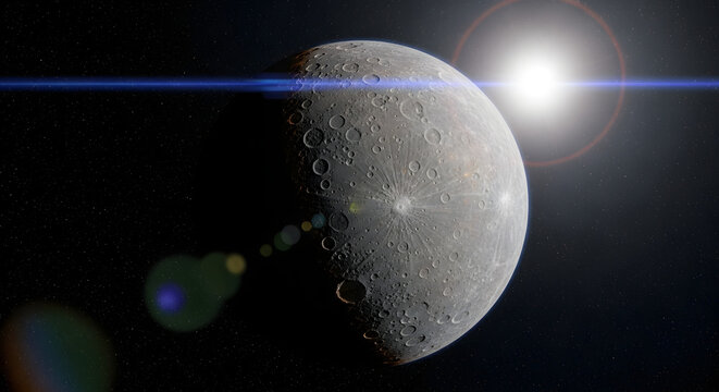 Mercury planet with sun flare in the dark space with stars background