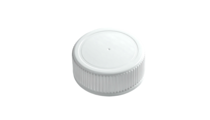 A plain white plastic bottle cap with a slightly raised, ridged, textured base and a smooth, flat top featuring a small central indentation