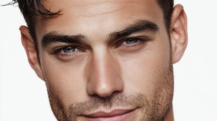 Obraz premium Close-up portrait of a young Caucasian man with short brown hair, green eyes, and light stubble on a white background.