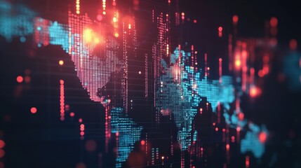 Abstract digital world map with red and blue lights creating a futuristic design look