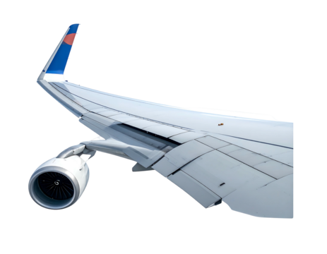 Close-up of an airplane's wing, showcasing the engine, flaps, ailerons, and a portion of the tail featuring a blue vertical stabilizer.  The wing is predominantly white, reflecting light