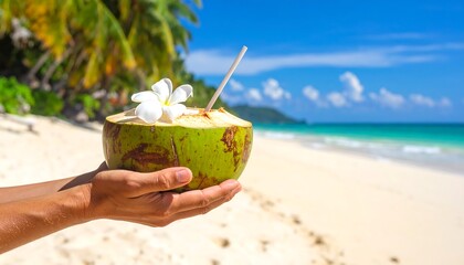 A person's hands hold a fresh coconut with a straw and flower at a tropical beach, blue sky, and sandy shore