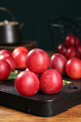 Fresh Red Plums on Cutting Board - Healthy Fruit Kitchen Photography